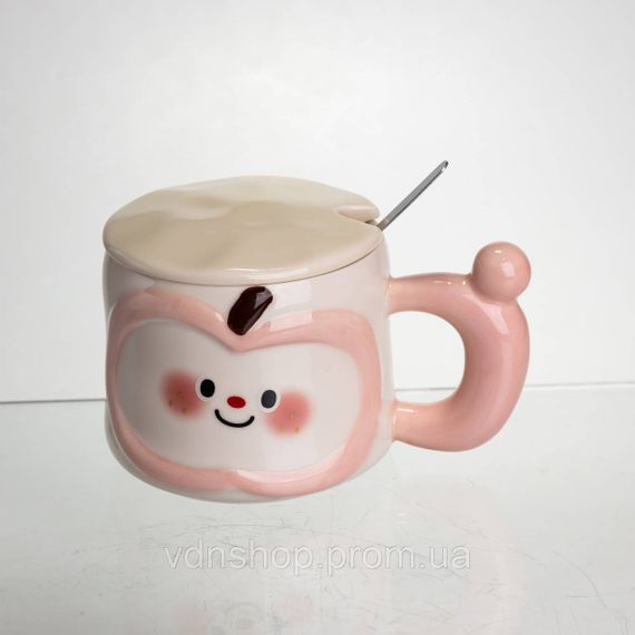 Чашка порцелянова 400 (мл) з кришкою та ложкою, оригінальна кружка на подарунок чашка для дітей Рожевий FM-25C