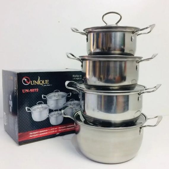 Набор кастрюль Unique UN-5072 8 предметов нержавеющая сталь стеклянные крышки | Зображення 2