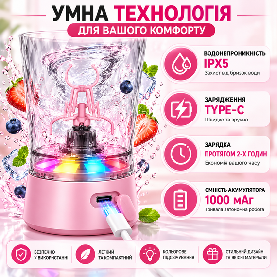 Електричний шейкер 650 мл рожевий акумуляторний для протеїну з LED-підсвічуванням USB Type-C та контейнером для порошку | Зображення 4