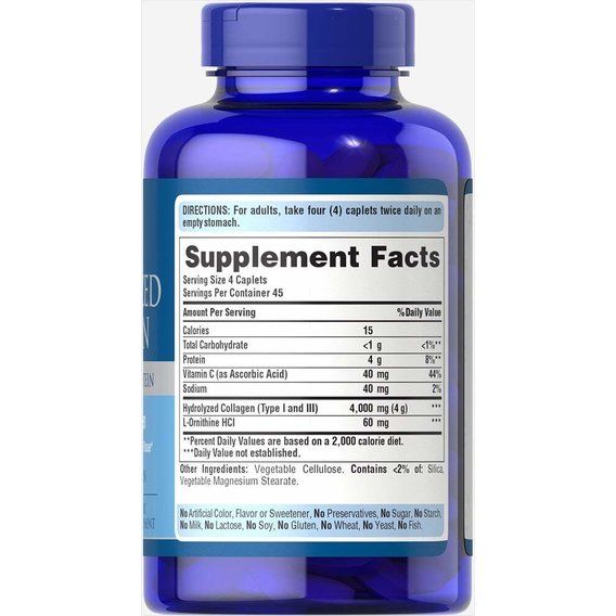 Комплекс для кожи, волос, ногтей Puritan's Pride Hydrolyzed Collagen 1000 mg 180 Caplets | Зображення 1