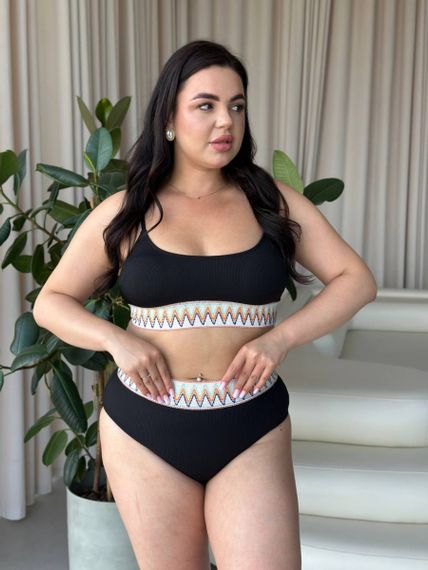 Роздільний чорний купальник PLUS SIZE з яскравою резинкою | Зображення 6