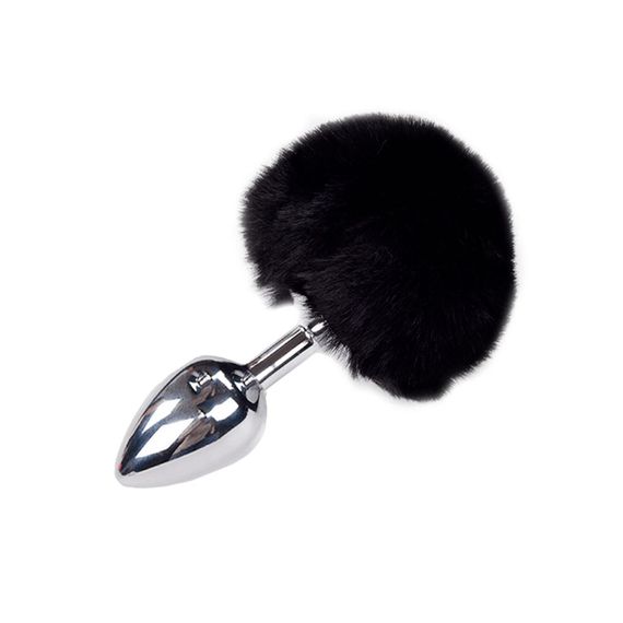 Металева анальна пробка Кролячий хвостик Alive Fluffy Plug M Black, діаметр 3,4 см Sex Aura