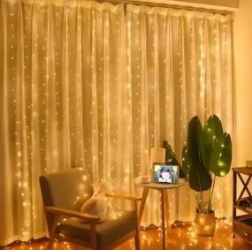 Светодиодная гирлянда штора роса на проволоке 3х2 м 200 LED пульт + USB теплый белый