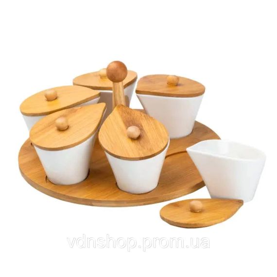 Набір порцелянових баночок для сипучих продуктів 6 штук по 100 мл на бамбуковій підставці HP258 | Зображення 3