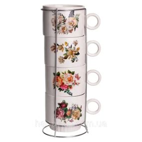 Набор чашек для чая и кофе на металлической подставке Flower 4 (шт) по 300 (мл) подарочный набор фарфоровых чашек FM-7