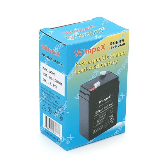 Акумуляторна батарея Wimpex WX-645 6 V 5Ah (70 x 47 x 100 (105)), 0.60 kg, Black, Q20 | Зображення 1