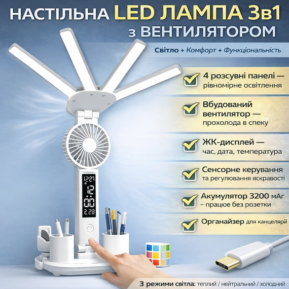 Настільна LED-лампа з вентилятором, РК-дисплеєм і 4 світловими панелями KRX-1011