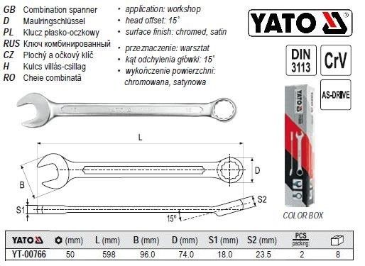 Ключ комбинированный YATO Польша рожково-накидной М=50 l=598 мм YT-00766