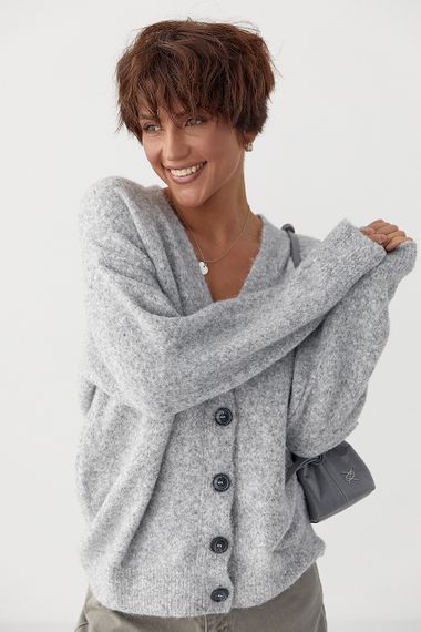 В'язаний вільний кардиган на ґудзиках - сірий цвет, ONE SIZE (є розміри) | Зображення 4