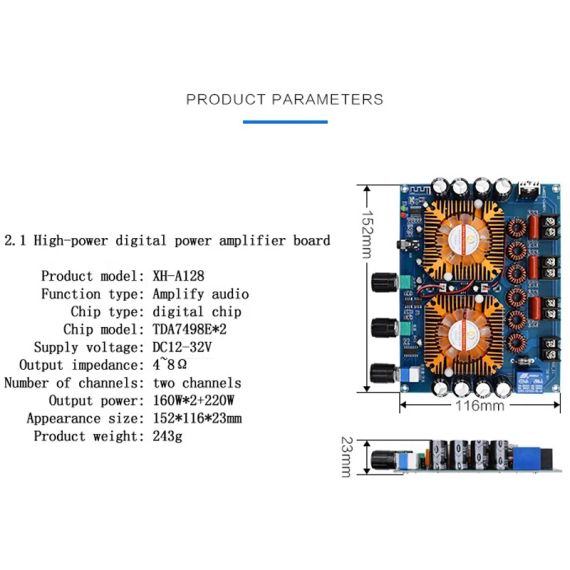 Цифровой усилитель 2.1 TDA7498E высокой мощности 2*160W+220W стерео аудио модуль в корпусе Bluetooth | Зображення 4