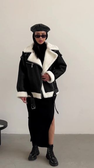 Дубленка женская OVERSIZE с белым мехом, цвет черный S-M | Зображення 8