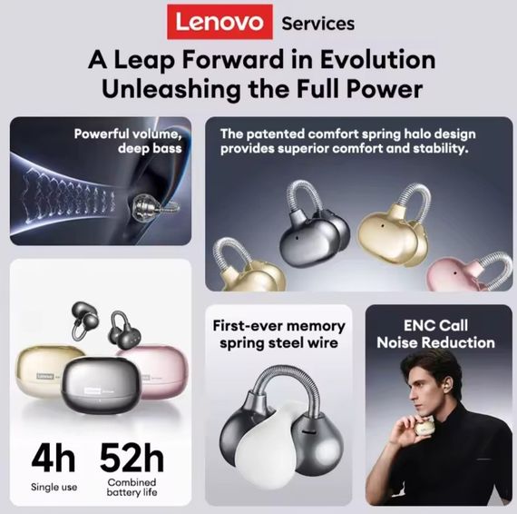 Наушники-кафы Lenovo LES12 Supreme Edition - Bluetooth 6.0, Стальная дужка и Super Bass, золотистые | Зображення 7
