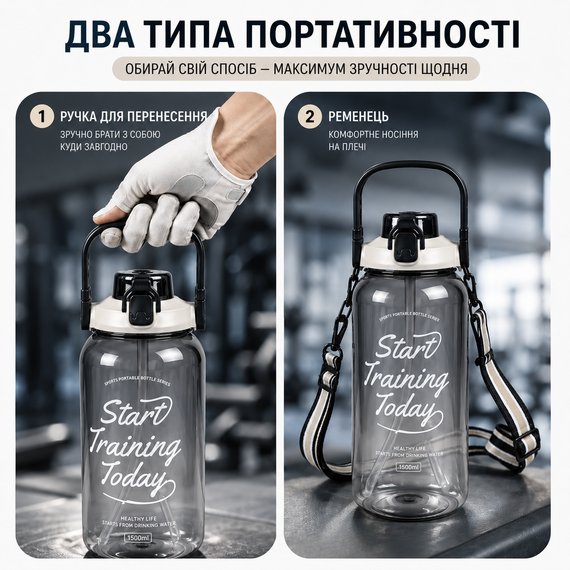 Спортивная бутылка для воды 1500 мл (1.5 л) с трубочкой и ремешком, Градиент Черный | Зображення 3