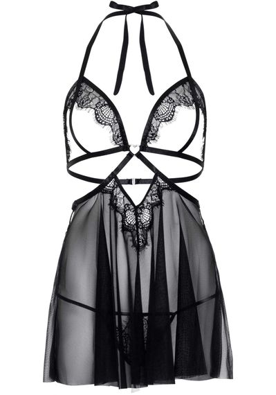 Сорочка бебі-дол з відкритими чашками Leg Avenue Lace and mesh babydoll & panty Black S, стрінги | Зображення 2