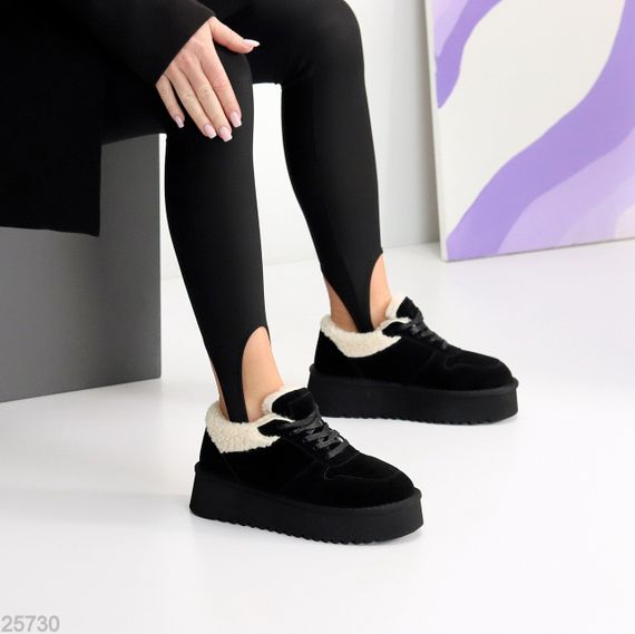 Чорні кросівки уггі натуральна замша + бежеве хутро Тедді | Зображення 7