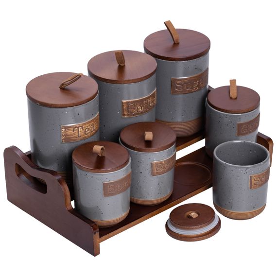 Банки для сипучих продуктів набір 9 штук на бамбуковій підставці з кришками 36.5×20.5×22 см Сірий HP-26-2G | Зображення 2