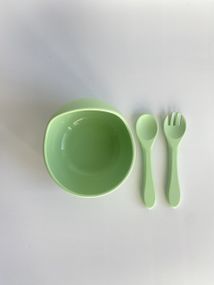 Глибока тарілка силіконова на присосці з приборами Пастельно Зелений