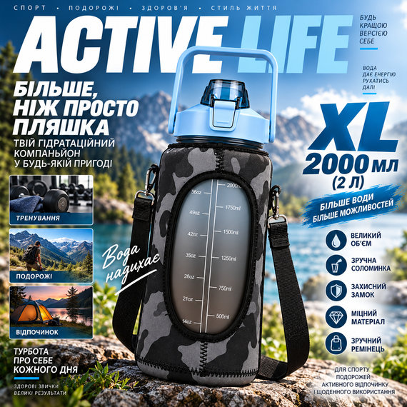 Спортивная бутылка для воды XL 2000 мл (2 л) с соломинкой, защитным камуфляжным чехлом и ремешком - Голубая | Зображення 7