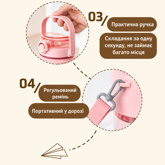 Детская бутылка для воды «Милый Медвежонок» (1000 мл) - Розовая, с ремешком и соломинкой | Зображення 4