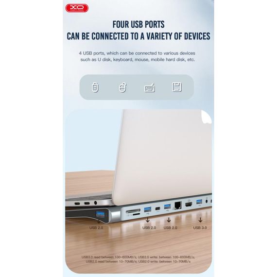 USB хаб XO HUB010 12in1 сірий XPRO (MAW-44889_1751) | Зображення 7