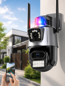 Уличная охранная поворотная WIFI камера Dual Lens Zoom 8MP сирена, зум,  удаленным доступом онлайн