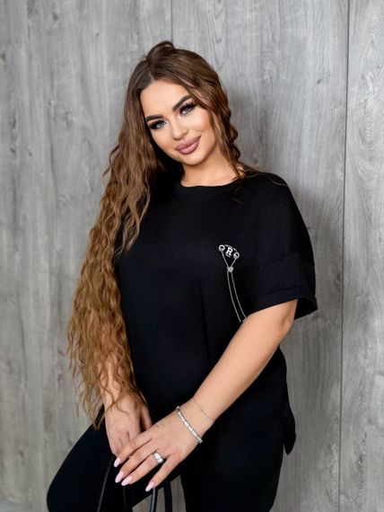 Женский летний костюм футболка и укороченные штаны большие размеры и батал KF090 цвет черный, размер 48/50 | Зображення 2