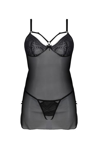 Пеньюар Passion DROSERA CHEMISE black, L/XL, мереживний ліф зі стрепами, трусики в комплекті | Зображення 2