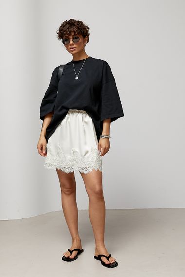 Атласна мініспідниця з мереживом - бежевий цвет, ONE SIZE (є розміри) | Зображення 2