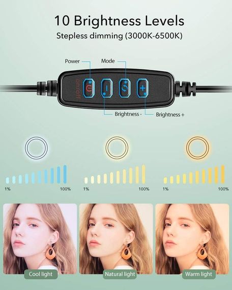 Кільцева LED лампа ESR 10", 25см з триногою та тримачем для телефону, світло для відео стрімінгу, фото макіяжу | Зображення 7