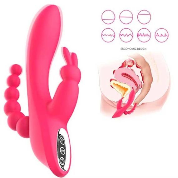 Вагинально-анальный вибратор Super Rebbit 3в1 12 режимов Фуксия | Зображення 7