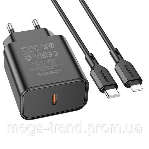 Адаптер мережевий BOROFONE Type-C to Lightning Cable Power single port charger set BA71A |1Type-C, 20W/3A, | Зображення 2