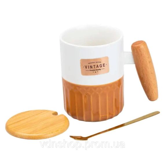 Чашка фарфоровая с бамбуковой крышкой и ручкой 400 мл Коричневая HP7204BR | Зображення 2