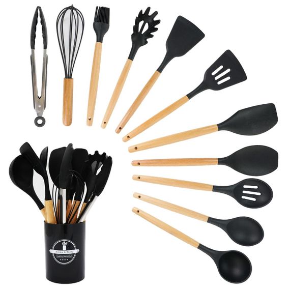 Набор кухонных принадлежностей из 12 предметов Kitchen Set, Черный / Силиконовый кухонный набор с подставкой