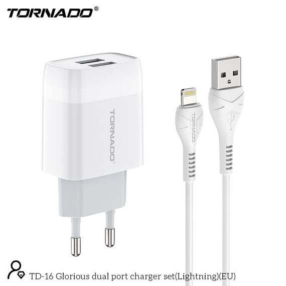 Мережевий зарядний пристрій Tornado TD-16 (2USB/2.4A/1м) + USB кабель Lightning-білий | Зображення 3