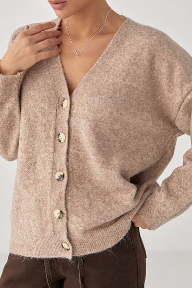 В'язаний кардиган на ґудзиках з V-подібним вирізом - світло-коричневий цвет, ONE SIZE (є розміри) | Зображення 3