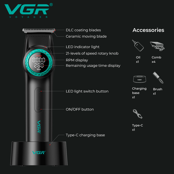 Триммер аккумуляторный VGR V-977 BLACK, регулировка мощности 6000 - 8000 RPM, 2500 mAh, 4 насадки, LED дисплей | Зображення 2