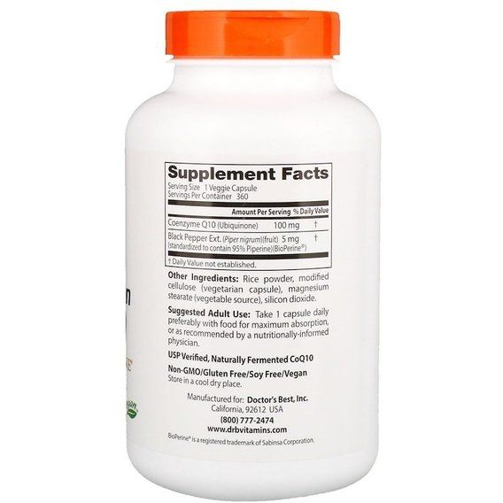 Коензим Doctor's Best High Absorption CoQ10 with BioPerine 100 mg 360 Veg Caps DRB-00405 | Зображення 1