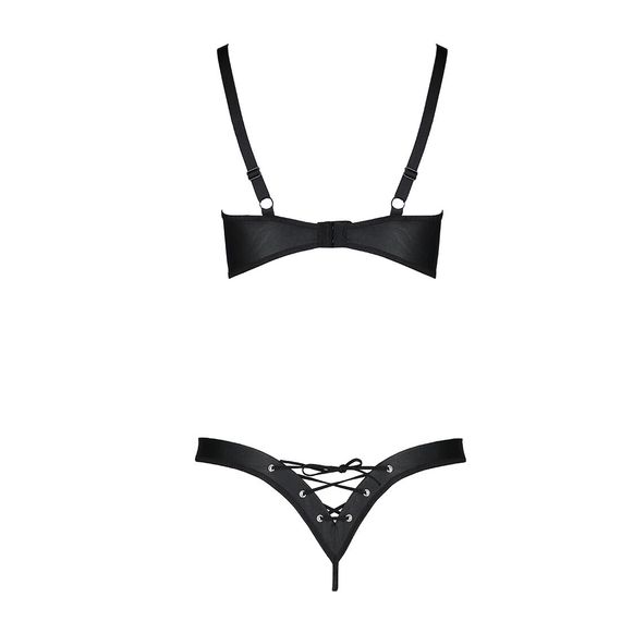 Комплект з екошкіри Passion CELINE BIKINI L/XL black, відкритий бра зі стрічками, стрінги | Зображення 3