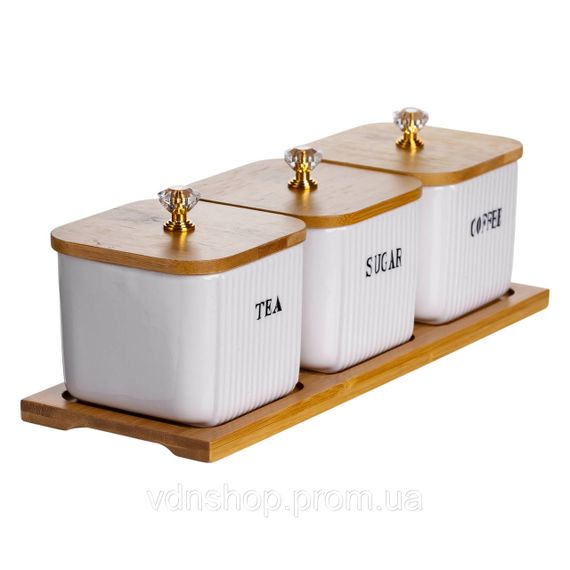 Набір порцелянових квадратних банок для сипучіх на підставці 3 шт. по 350 (мл) для чаю кави цукру SCT-643 | Зображення 3