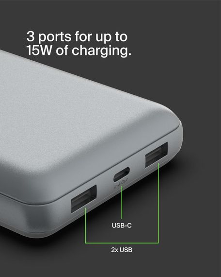 Акумулятор портативний Belkin літій-іонний Power Bank 20000мА·год, 15Вт, 2хUSB-A/USB-C, cірий (BPB012BTGY) | Зображення 5