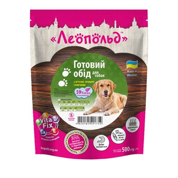ЛЕОПОЛЬД Готовый обед с мясом, птицей и овощами, пауч (дой-пак) 500 г