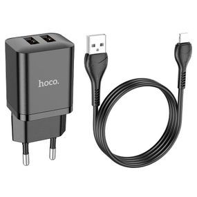 Набор СЗУ HOCO N25+кабель Lighting, 2xUSB, 2.1A, кабель 1м, Black, Blister