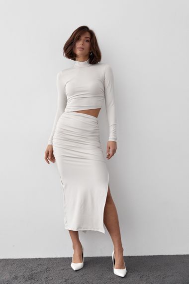 Вечернее платье с вырезом на талии - молочный цвет, L (есть размеры)