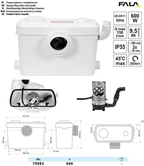 Помпа фекальна до унітазу мережева FALA : P=600 Вт, з подрібнювачем, на висоті 9.5 м, 150 л/хв