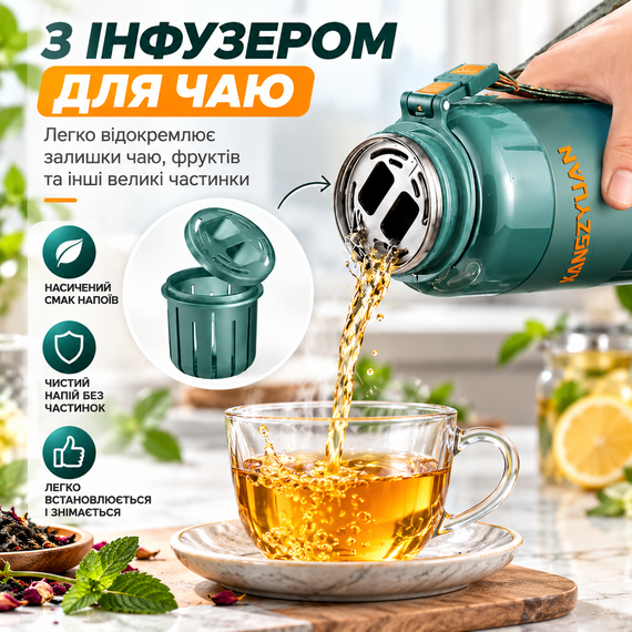 Спортивная бутылка KANGZYUAN 1000 мл - Зеленая Tritan BPA-free, ударопрочная эко-бутылка с фильтром и ремешком | Зображення 3