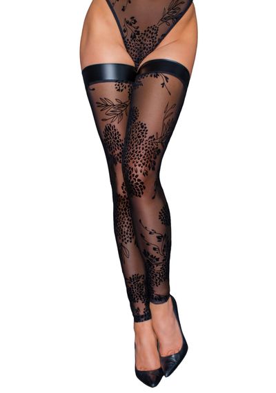 Панчохи без миска Noir Handmade F243 Tulle stockings with patterned flock embroidery, XL