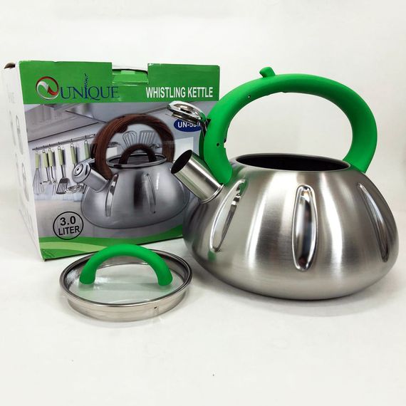 Чайник со свистком Unique UN-5303 кухонный на 3 литра, Чайник нержавейка со свистком. Цвет: зеленый | Зображення 3