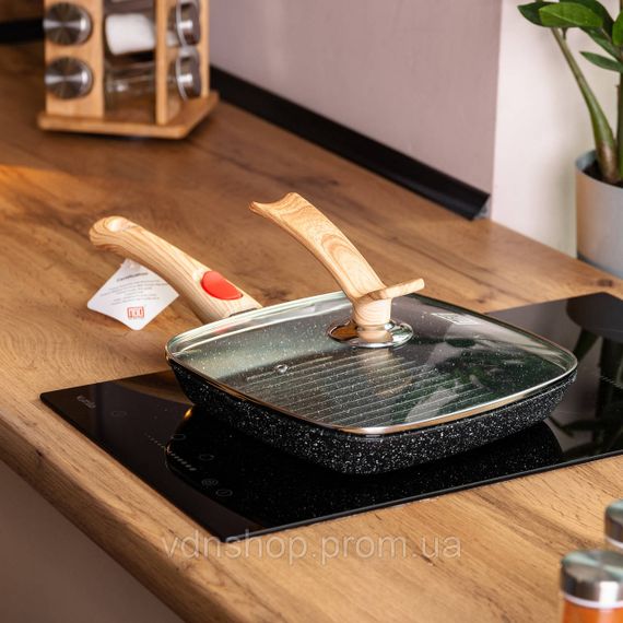 Алюмінієва сковорода-гриль 24 см зі скляною кришкою та ручкою, квадратна, чорна MGC HP-4-461B | Зображення 6