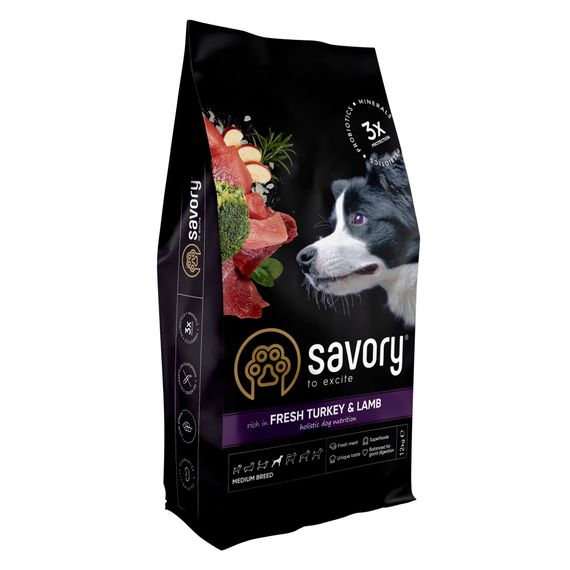 Сухий корм Savory Medium для собак середніх порід, зі свіжим ягням та індичкою, 12 кг