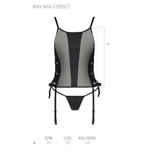 Сітчастий корсет з люверсами і знімними пажами Passion MALWIA CORSET 2XL/3XL black екошкіра, стрінги | Зображення 6